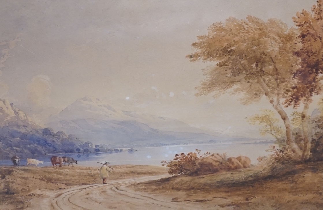 Circle of Copley Fielding (1787-1855), watercolour, 'Bala lake, North Wales with shepherd, cattle and mountains beyond', stencil verso, 17 x 25cm, gilt framed. Condition - fair, faded
